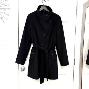 DKNY Long‎ Walker Coat Wool Blend Black Belted Lined Pockets Overcoat Trench 14